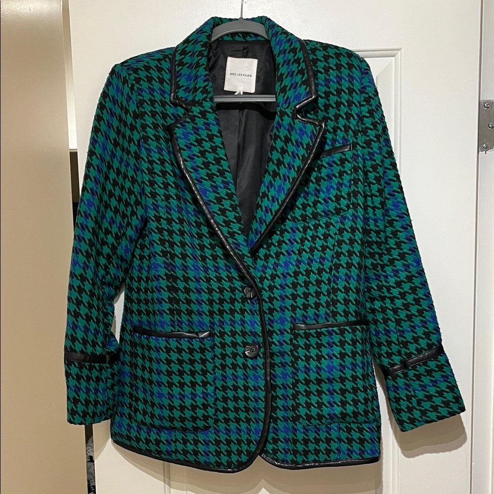 Avec les Filles Green Blue and Black Houndstooth Blazer Sz S EUC